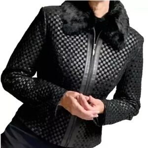 MARVIN RICHARDS Black Leather Jacket with Fur Collar - Size Small